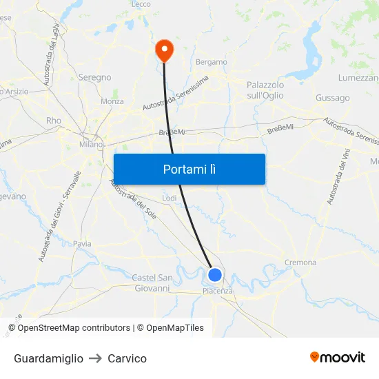 Guardamiglio to Carvico map