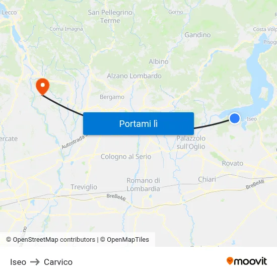 Iseo to Carvico map
