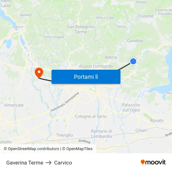 Gaverina Terme to Carvico map