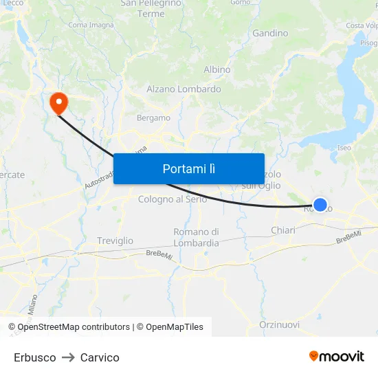 Erbusco to Carvico map