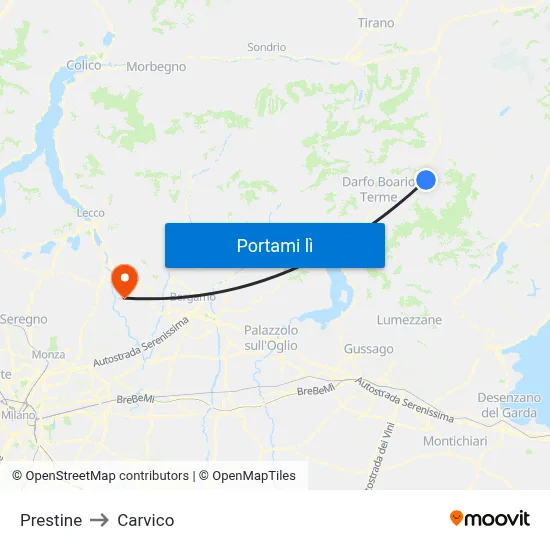 Prestine to Carvico map