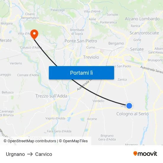 Urgnano to Carvico map