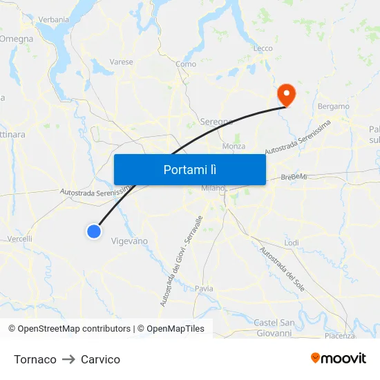 Tornaco to Carvico map