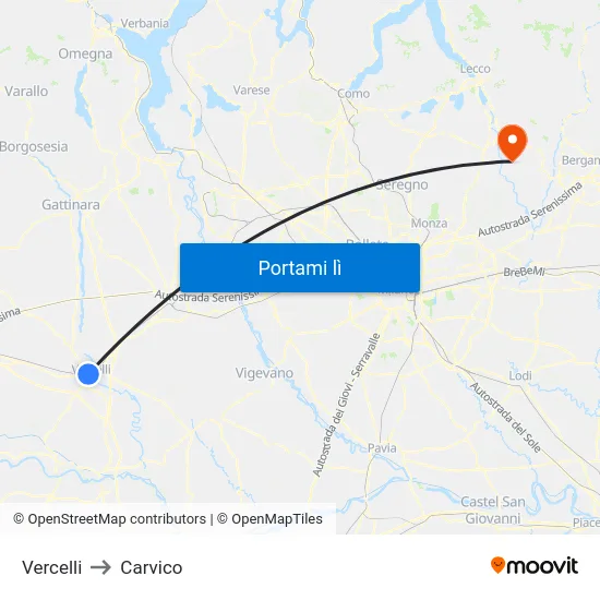 Vercelli to Carvico map