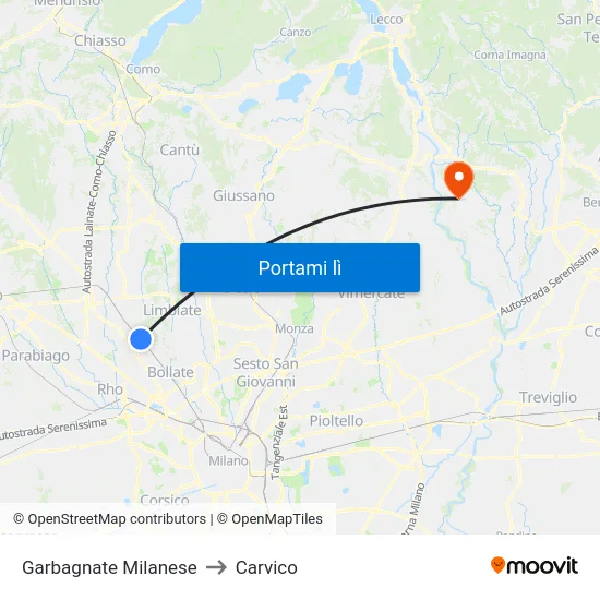 Garbagnate Milanese to Carvico map