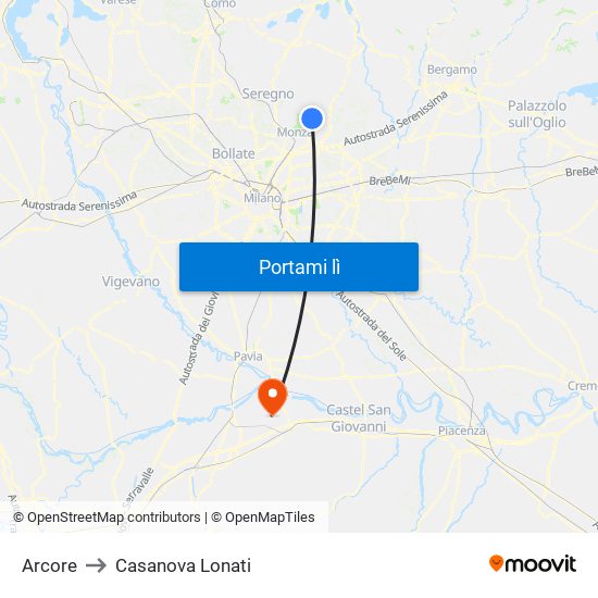 Arcore to Casanova Lonati map