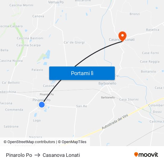 Pinarolo Po to Casanova Lonati map