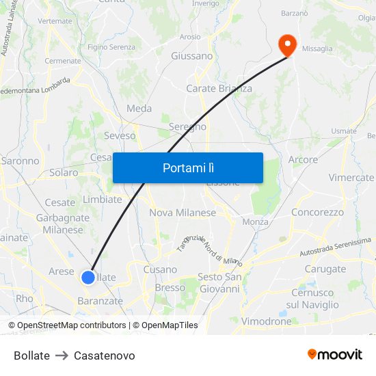 Bollate to Casatenovo map