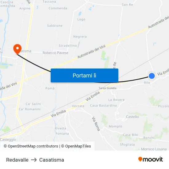 Redavalle to Casatisma map