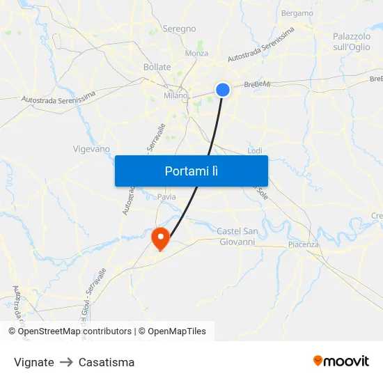 Vignate to Casatisma map