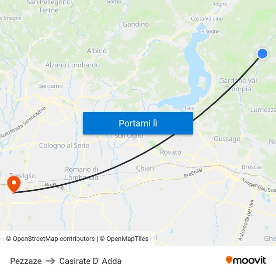 Pezzaze to Casirate D' Adda map