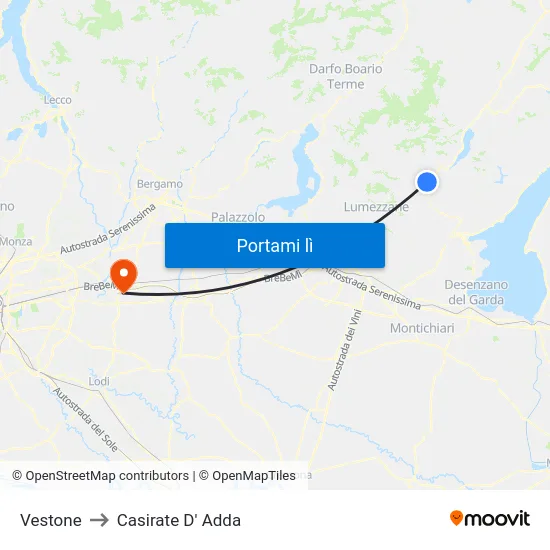 Vestone to Casirate D' Adda map