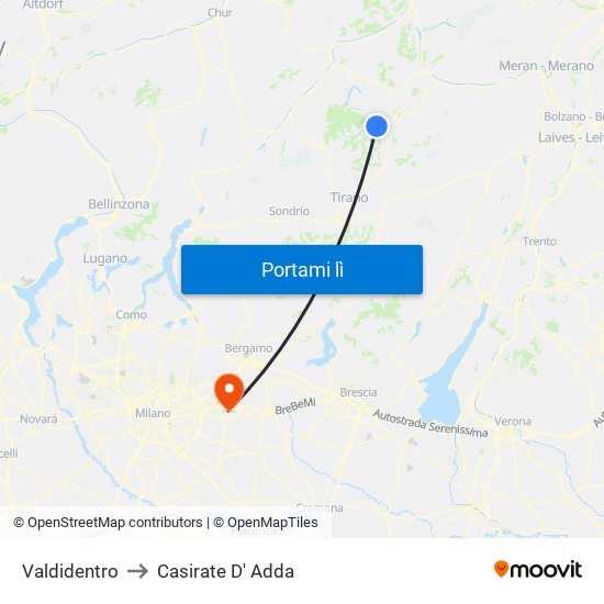 Valdidentro to Casirate D' Adda map