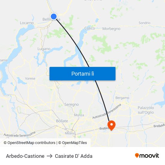 Arbedo-Castione to Casirate D' Adda map