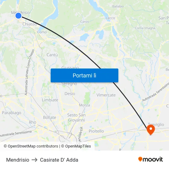 Mendrisio to Casirate D' Adda map