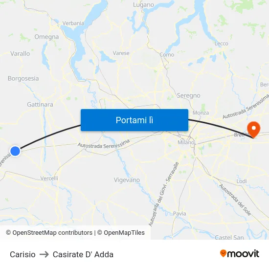 Carisio to Casirate D' Adda map