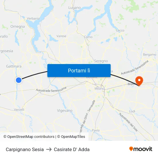 Carpignano Sesia to Casirate D' Adda map