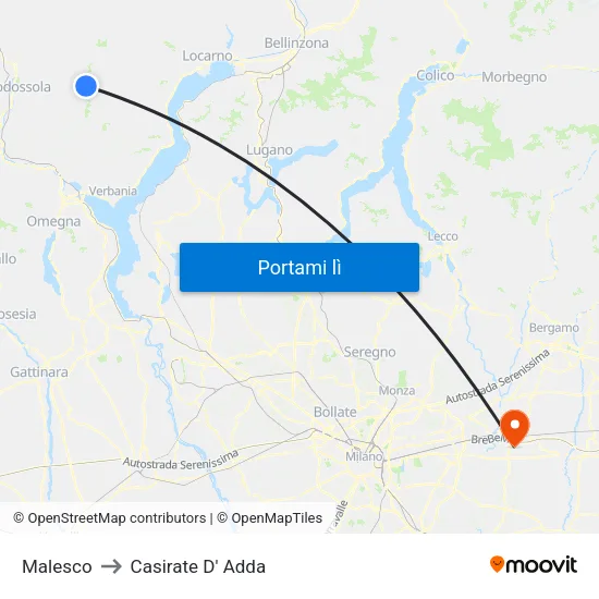 Malesco to Casirate D' Adda map