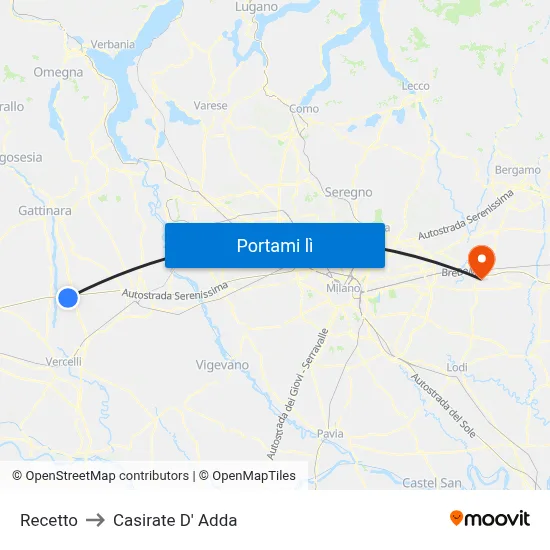 Recetto to Casirate D' Adda map