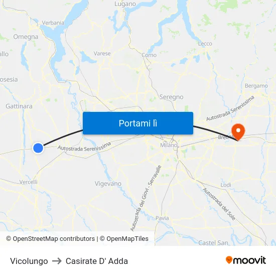 Vicolungo to Casirate D' Adda map