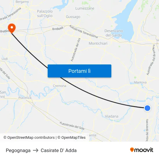 Pegognaga to Casirate D' Adda map