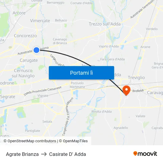 Agrate Brianza to Casirate D' Adda map