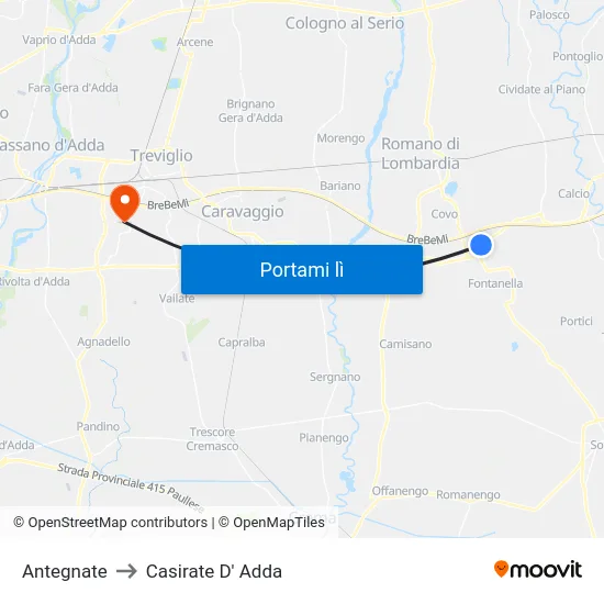 Antegnate to Casirate D' Adda map