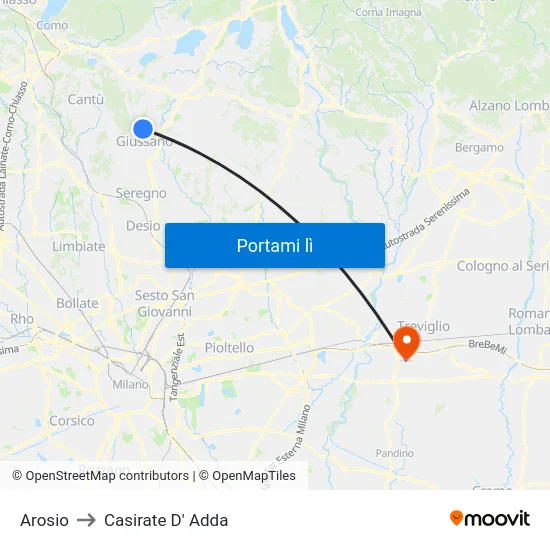 Arosio to Casirate D' Adda map