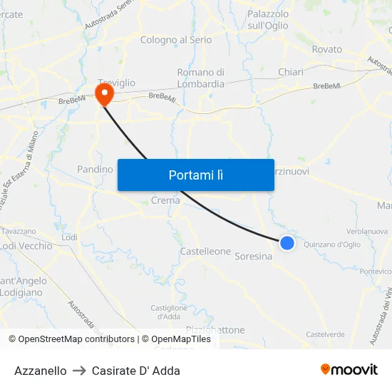 Azzanello to Casirate D' Adda map