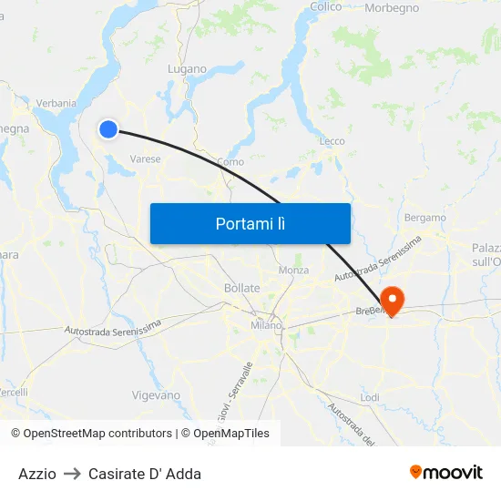 Azzio to Casirate D' Adda map