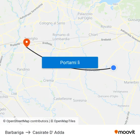 Barbariga to Casirate D' Adda map