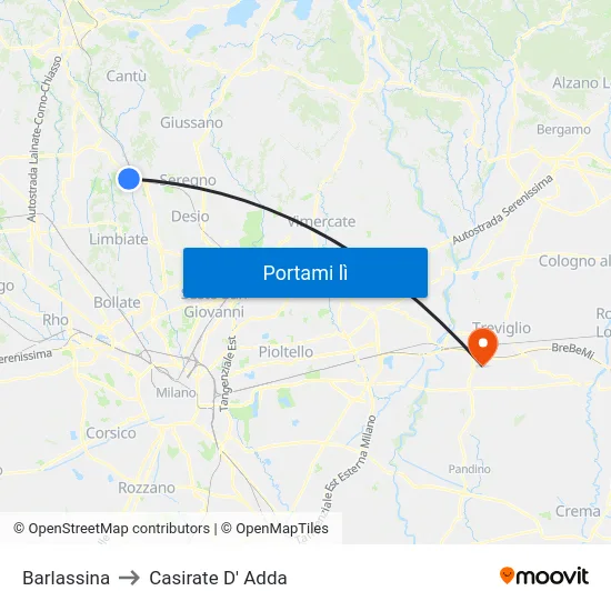 Barlassina to Casirate D' Adda map