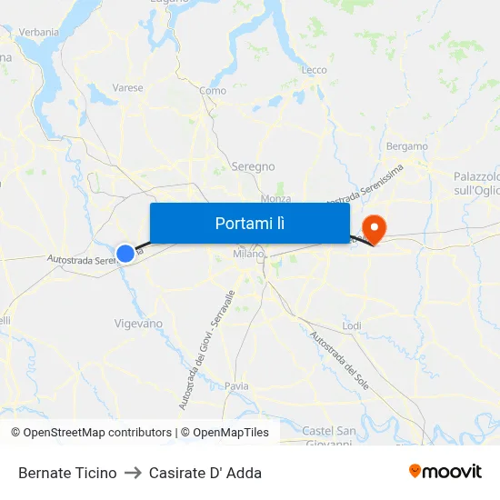 Bernate Ticino to Casirate D' Adda map