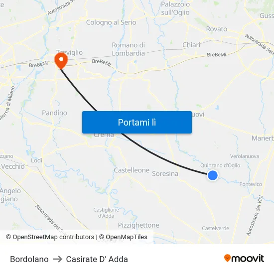 Bordolano to Casirate D' Adda map