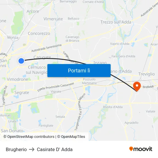 Brugherio to Casirate D' Adda map