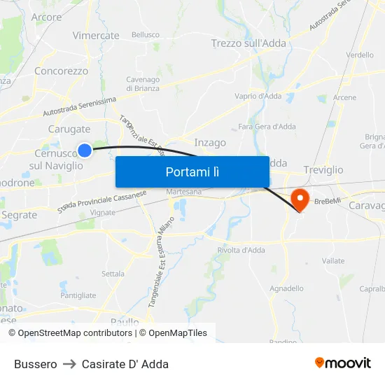 Bussero to Casirate D' Adda map