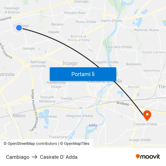 Cambiago to Casirate D' Adda map