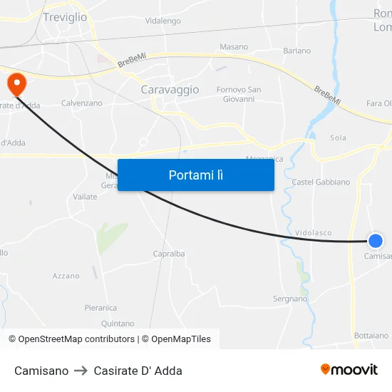 Camisano to Casirate D' Adda map