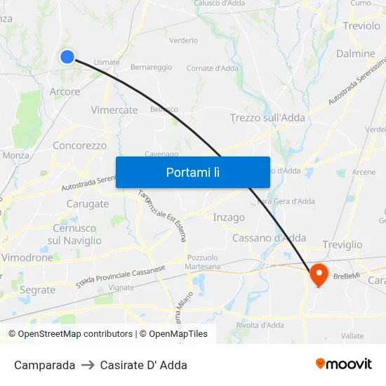 Camparada to Casirate D' Adda map
