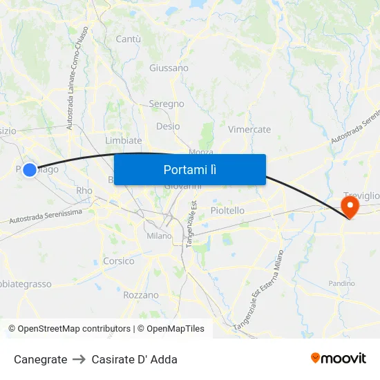 Canegrate to Casirate D' Adda map