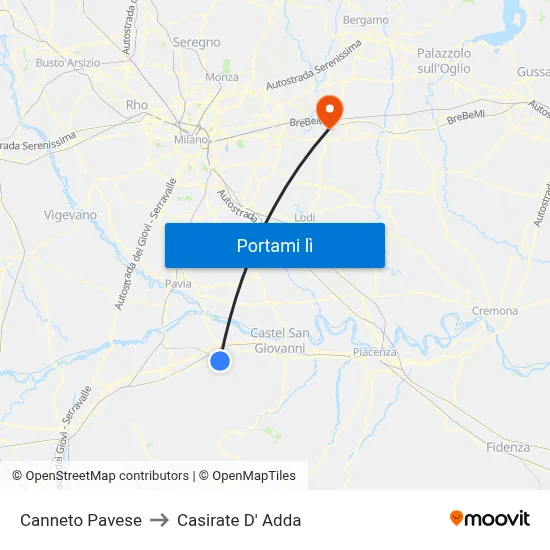 Canneto Pavese to Casirate D' Adda map