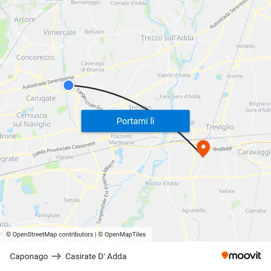 Caponago to Casirate D' Adda map