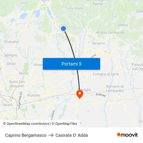 Caprino Bergamasco to Casirate D' Adda map