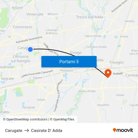 Carugate to Casirate D' Adda map