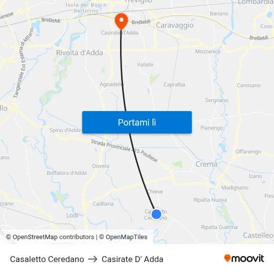 Casaletto Ceredano to Casirate D' Adda map