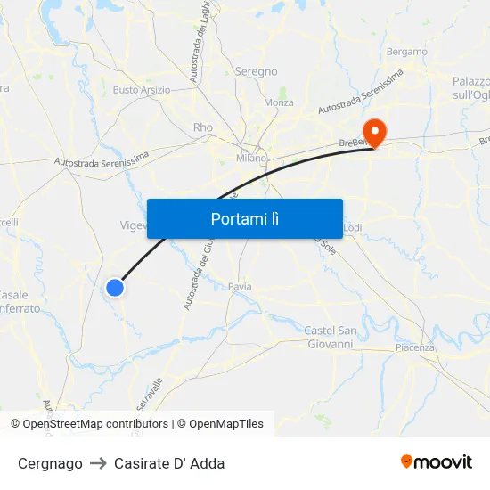 Cergnago to Casirate D' Adda map