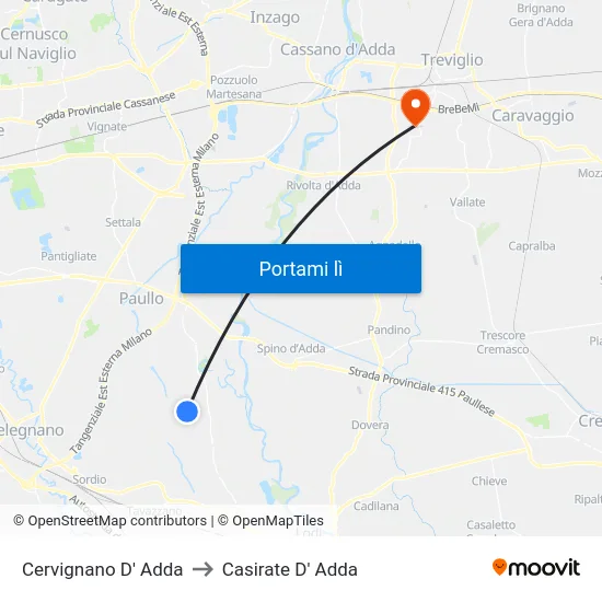 Cervignano D' Adda to Casirate D' Adda map