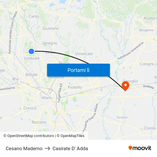 Cesano Maderno to Casirate D' Adda map