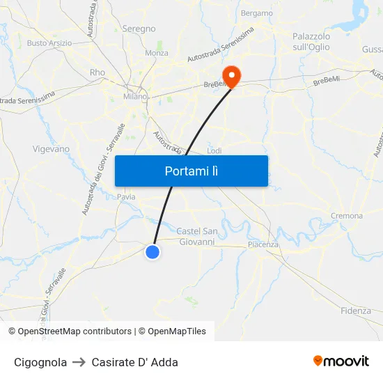 Cigognola to Casirate D' Adda map