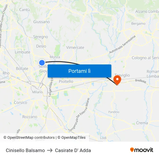 Cinisello Balsamo to Casirate D' Adda map